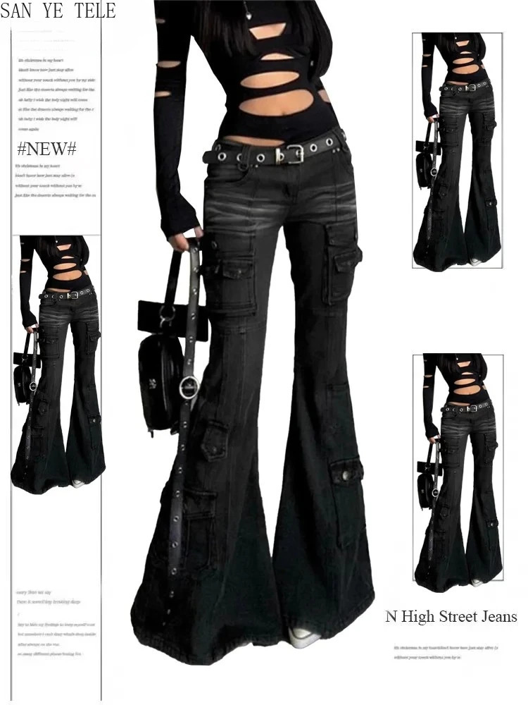 Retro Multi Pocket Y2K Flared Pants Women's Black Low Waisted Denim Cargo Jeans Gothic Stretch Slim Spicy Girl Workwear Trousers 260921