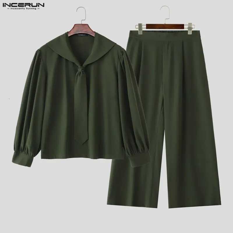 Sets Men Men's Tracksuits Solid Oversize Navy Collar Long SLeeve Shirt Pants Two Pieces Sets Streetwear Loose 2025 Fashion Men Suits J260921