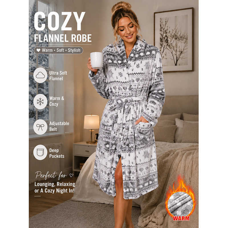 New womens winter bathrobe fleece-lined and thickened long style suitable for lounging and as a nightgown T260922