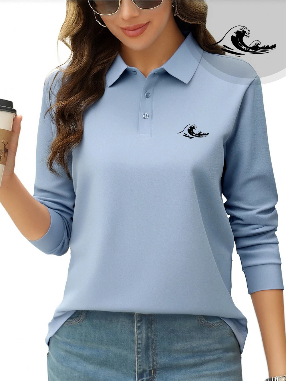 Interesting Waves Printed Polo Shirt Womens Spring Breathable T-Shirts Commuting Long Sleeves Tops Sporty Woman Workwear 260922