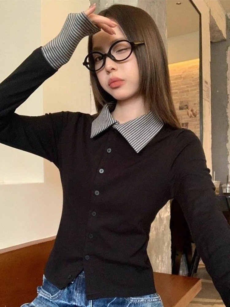 Women Two Piece Polo Collar Stripe Patchwork Slim Fit Long Sleeve T-shirt Autumn Korean Chic Layered Top 260922