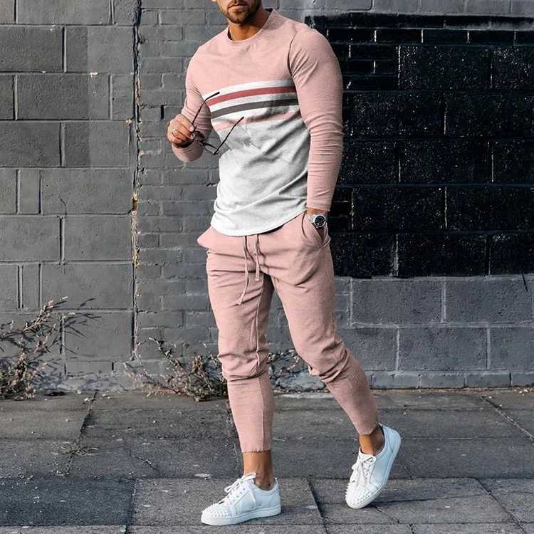 Tracksuits Fashion Simple Men's Stripes 3D Print Men's Sportswear Set Long-Sleeved T Shirt Pants 2-Piece Set Oversized Pullover Men Clothi