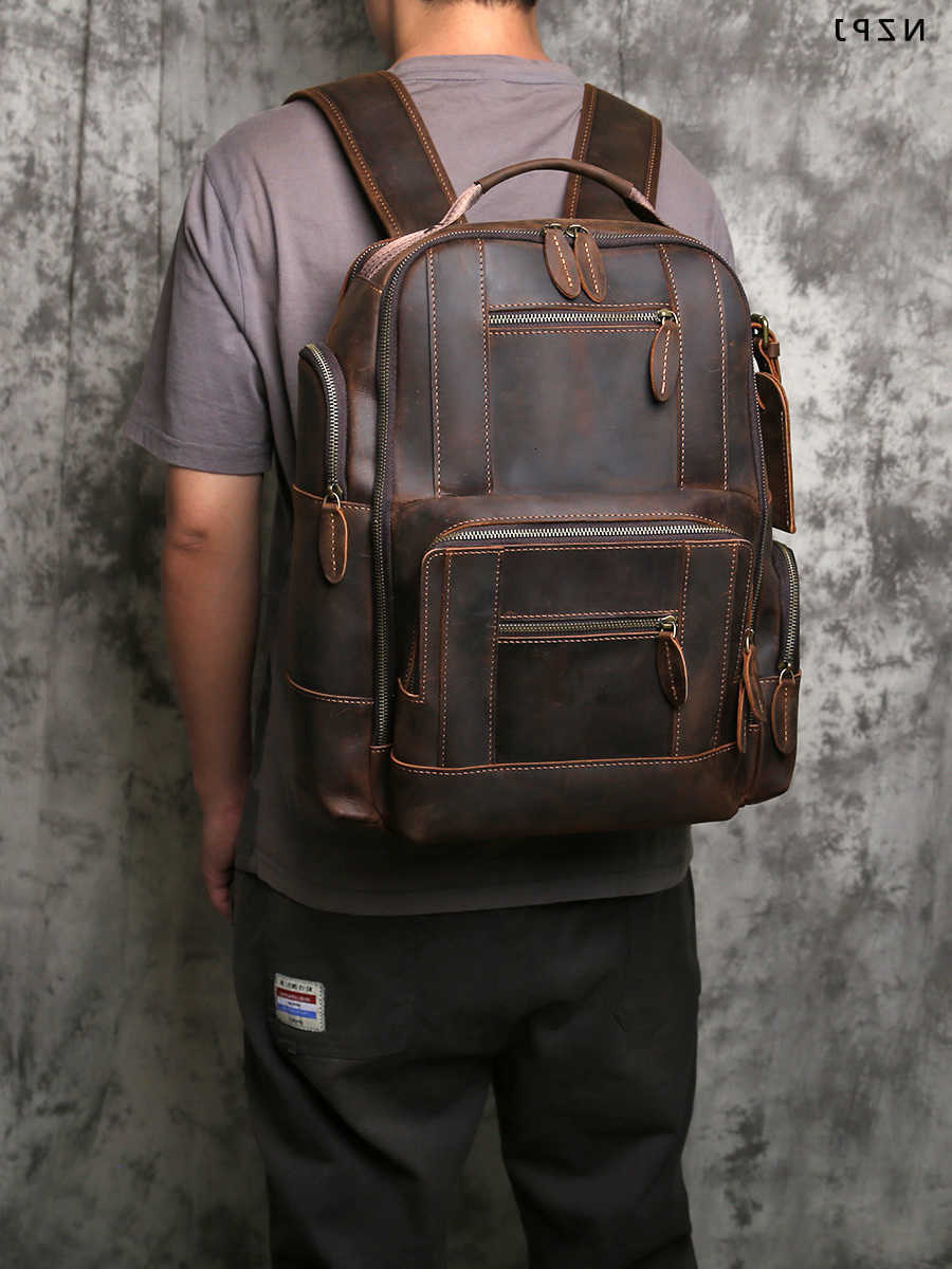 NZPJ Backpack Genuine Style Leather Men's Backpack Top Layer Cowhide Backpack Fashion Men's Bag Crazy Horse Skin Travel Computer Bag H2609