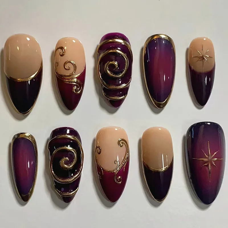 24pcs Golden Lines Patterns False Nails Dark Purple Blush French Fake Nails for Spice Girls Sweet Cool Almond Press On Fall Nail 260922