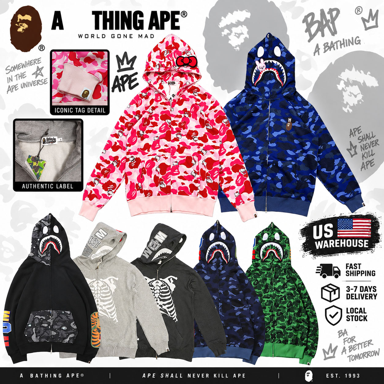 Shark Hoodies Mens Designer Hoodies Baphoodie Jacket Full Zip Up Cartoon Jackets Men Women Hoodie High Quality Sweetwear Camouflage Pattern Hoodies