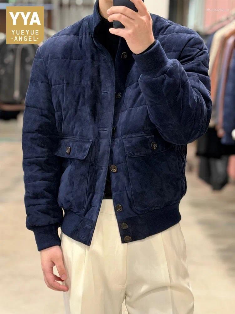 Winter High Quality Mens Genuine Leather Down Coat Stand Collar Vintage Designer Suede Sheepskin Warm Casual Pilot Short