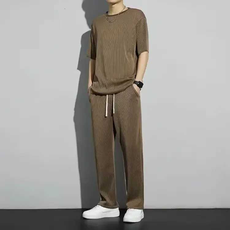 Wrinkled Men's Tracksuits Men's Ice Silk Sports Set 2026 Summer New Short sleeved Long Pants Two piece Set Fashionable Breathable and Cool