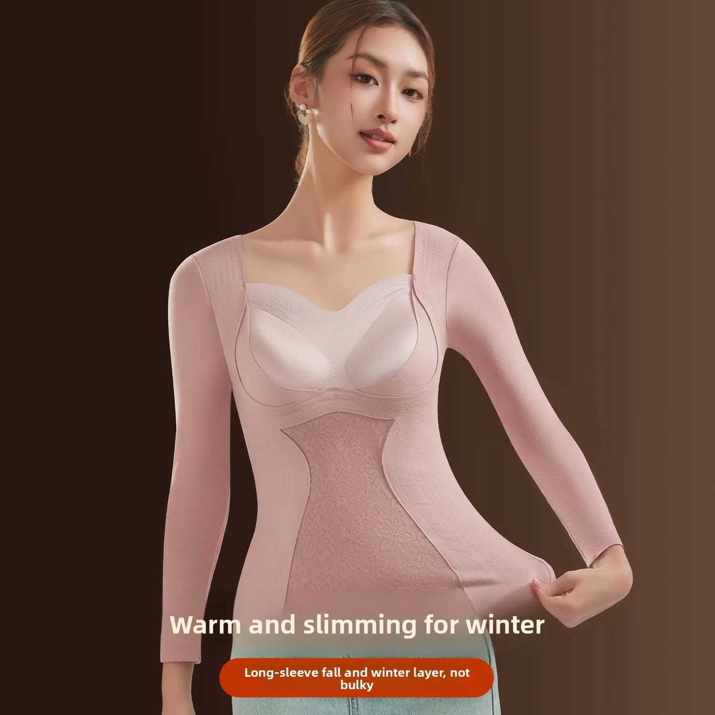 Thermal Underwear Women's Women's Thermal Underwear Fleece Lined Thickened Seamless Heating with Chest Pad Autumn Clothes Shaping Warmth B