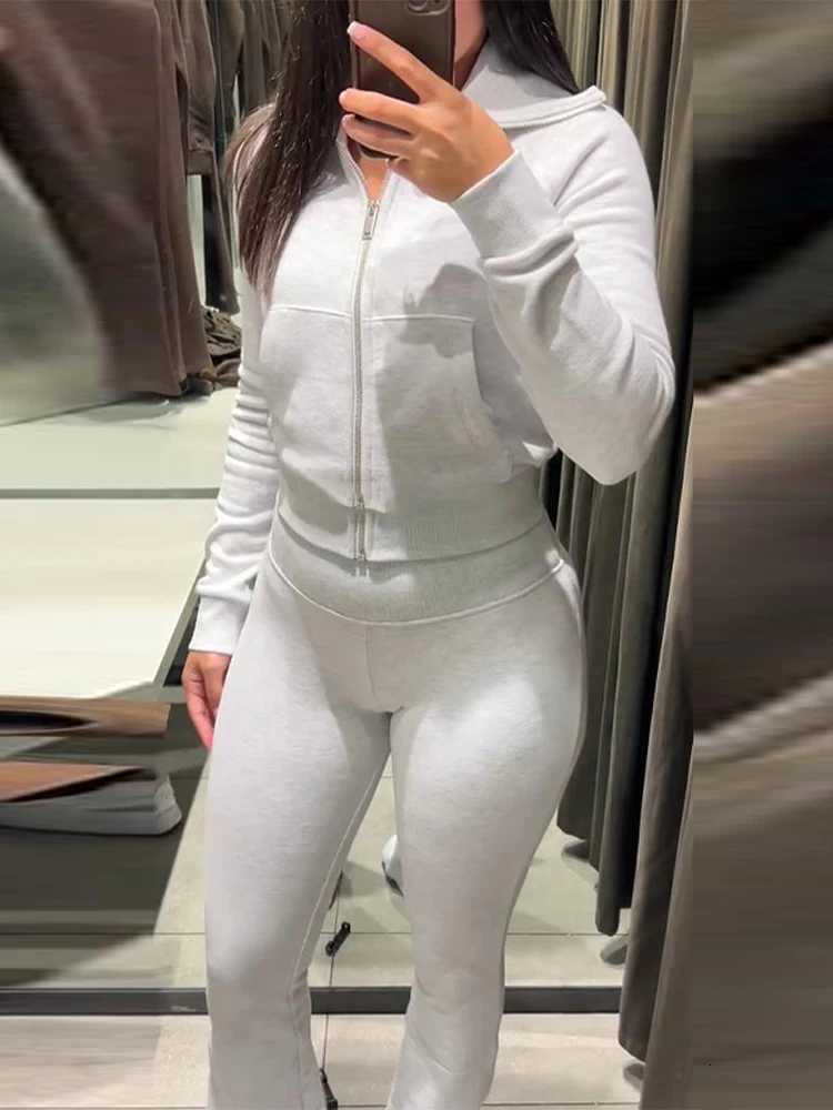 Plush Baseball Sets Jacket Zipper Long Pants Lady Set Solid Color Lapel Jackets High Waist Slim Bell-Bottom Trousers Casual Women's New Sets N2