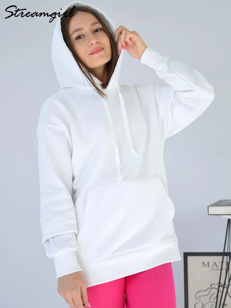 Solid Oversize Hoodies For Women Pocket Casual Loose Hooded Sweatshirt Woman Autumn Cotton Terry Pullover 260922