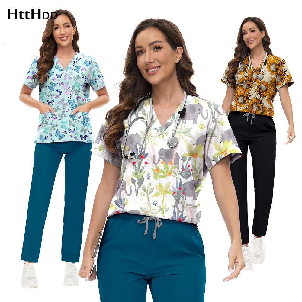 Scrubs Uniforms Sets High-quality Scrub Multicolor Animal Printed Women Scrub Tops Scrubs Uniform Nurse Lab Wear 260910