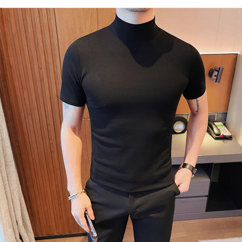 Luxurious designer autumn Korean-style slim-fit men's half-neck short-sleeved T-shirt for stylish men, tight-fitting elastic pure color t-shirt