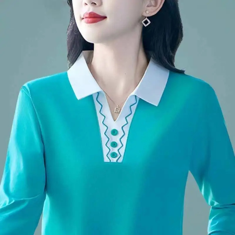 Womens Middle Aged Long Sleeve Polo Top Spring Autumn Plus Size Turn Down Collar Loose Solid Color Commute Inner Blouse 260922