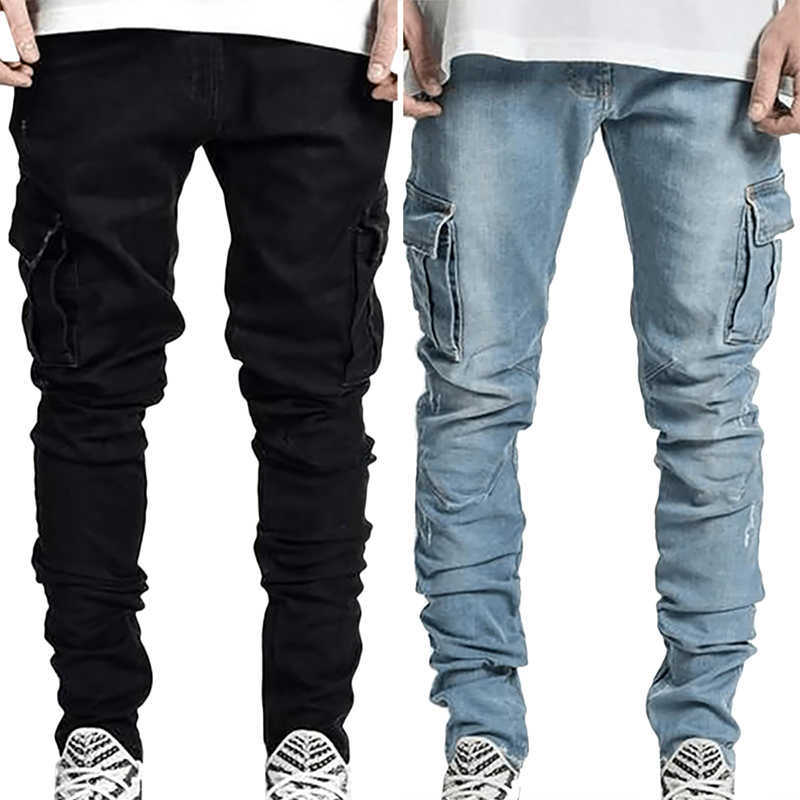 Men's Men's Jeans Fahsion Elastic Slim Fit Jeans Men Cargo Denim Pants Solid Color Multi Pockets Casual Skinny Male Trousers mens clothing