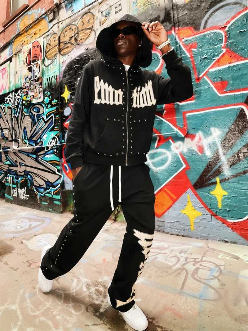 Men's Hoodies Sweatshirts Autumn Winter 100% Cotton Loose Full Rivet Zipper Coats Men Women Classic Letters Print MIXED EMOTION Hoodie Hooded T