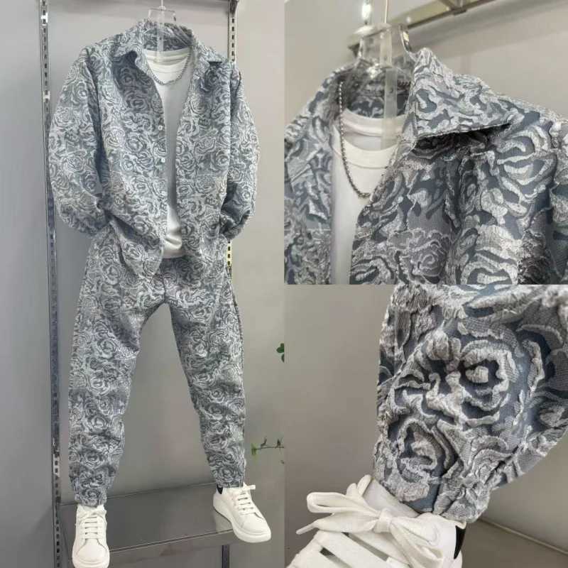 2025 Men's New Tracksuits Men's casual fashion two-piece pants set sporty lapel jacquard shirt long-sleeved spring and autumn set J260921