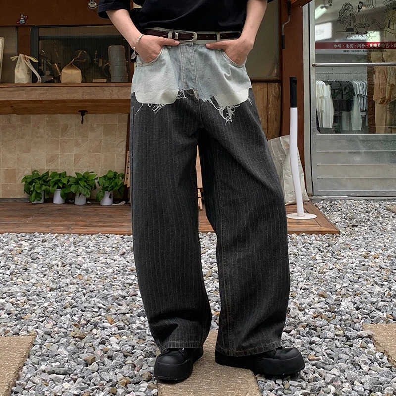 Loose IEFB Straight Leg Denim Patchwork Trousers 3D Printed Two Piece Baggy Mens Loose Long Pants S260922L5Q9