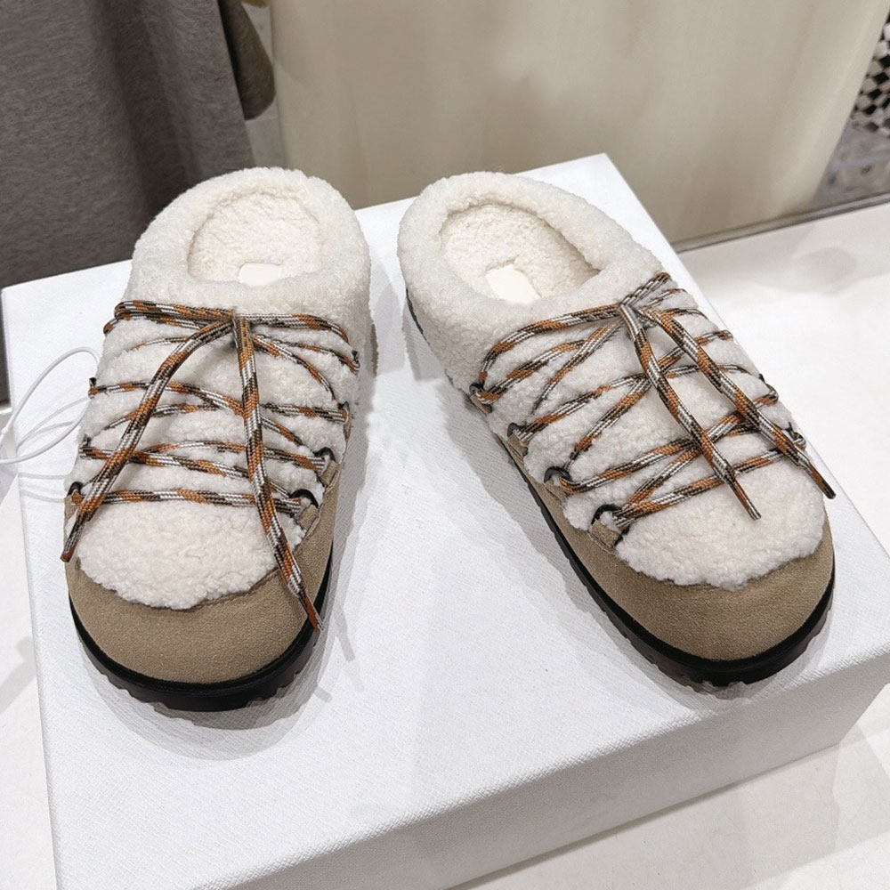 Suede And Shearling Mules Luxury Designer Mule 1R553O Retro Style Womens Open Back Mule Warm Fashion Brand Autumn Winter Mule Shearling Lining Rubbe