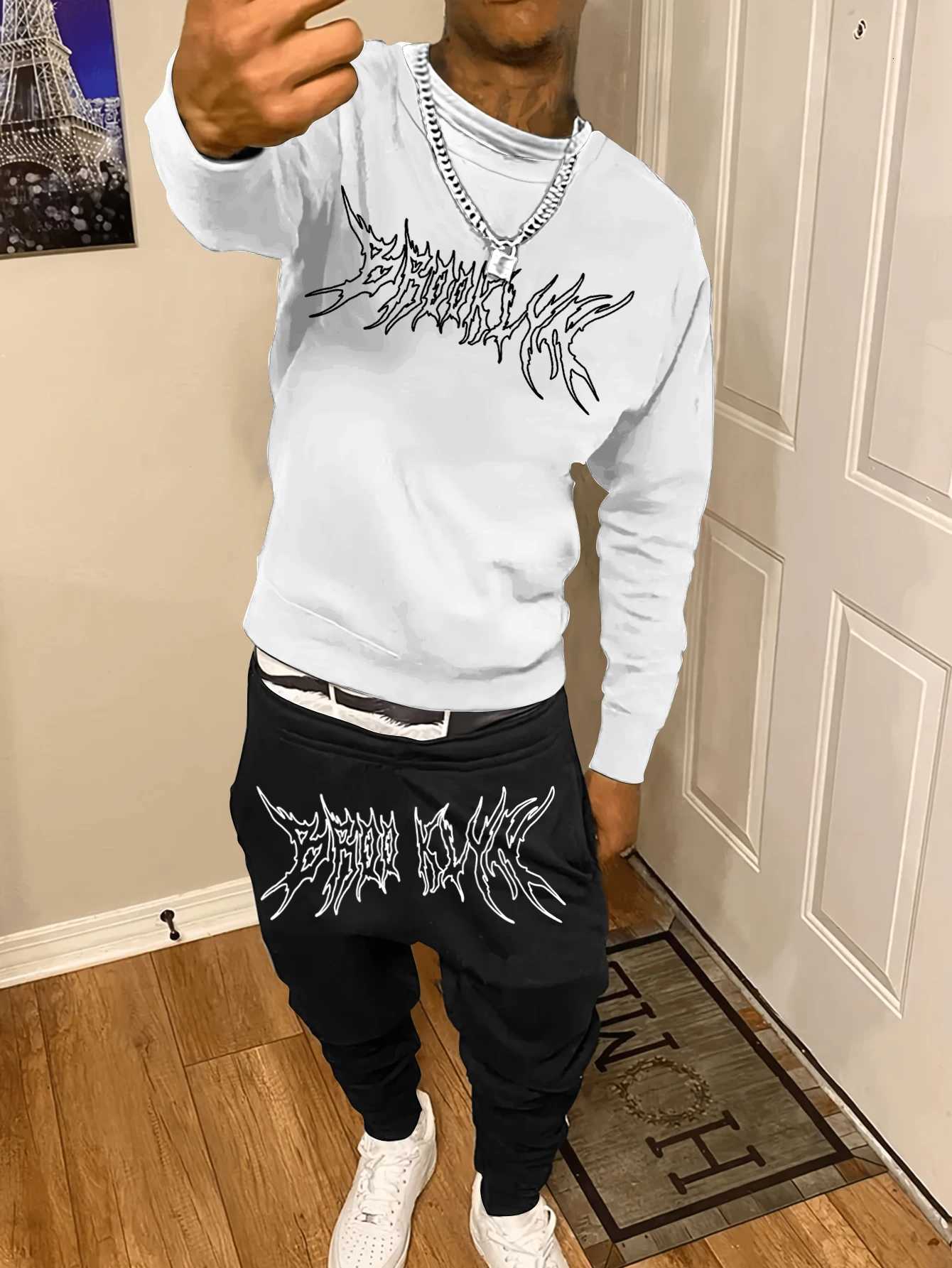Trendy Men's Tracksuits Autumn New Sweatshirt Sweatpants Set Men's Daily Loose Casual Fit Printed Hundred Long Sleeve Sweatshirt 2 Pieces