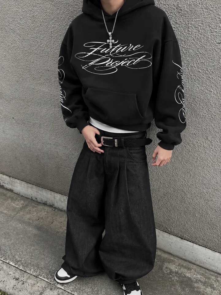 Men's Hoodies Sweatshirts Men's Women's Fleece Lined Hoodie Front And Sleeve Cursive Letter Print Streetwear Winter Casual Pullover S