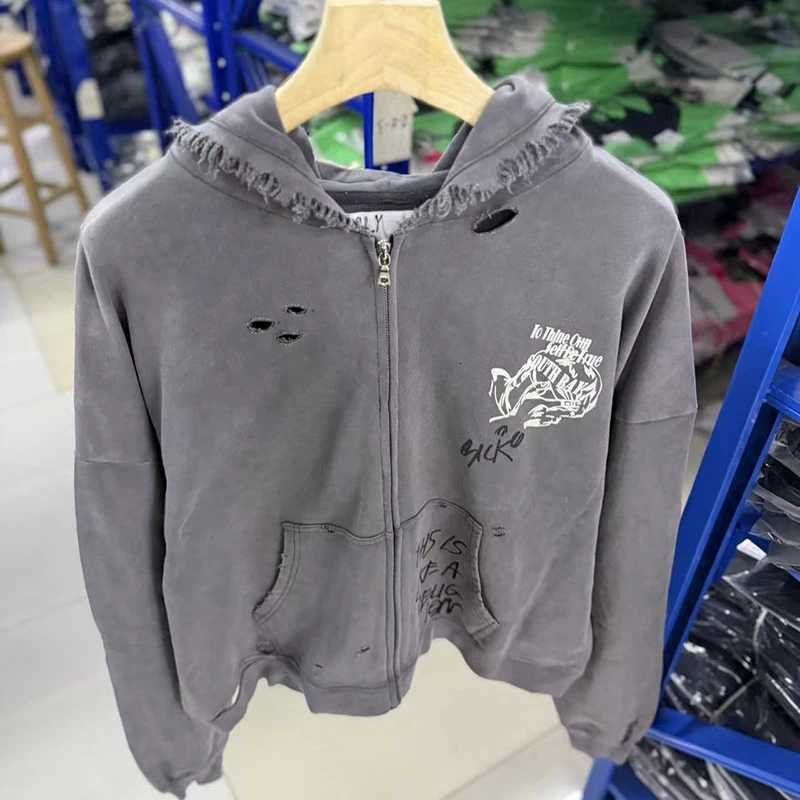 Men's Hoodies Sweatshirts Autumn Winter 100% Cotton Vintage Washed Gray Damaged Hole Paly Zipper Hoodie Hooded Men Women Rhinestone Zip Coats H