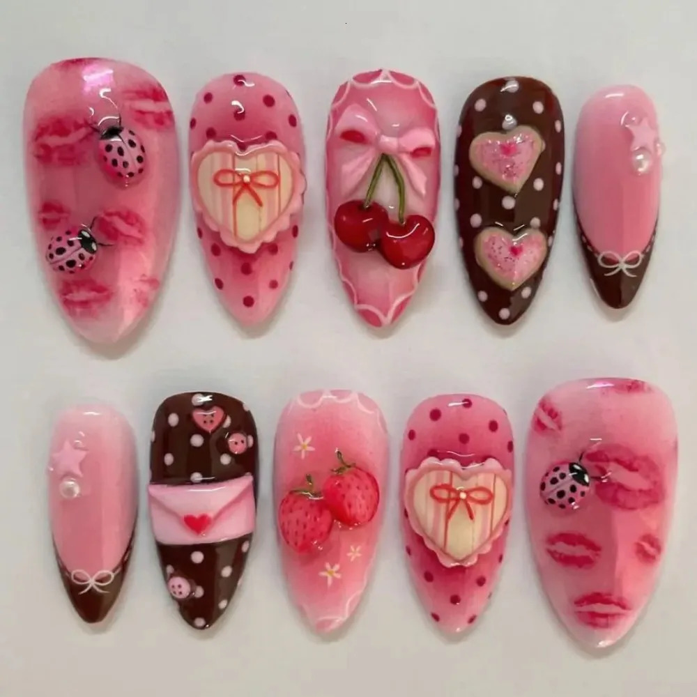 24Pcs Blue Almond Press on Nails with 3D Pearl Mid-length Oval False Nails Tips Bow Pattern Wearable Fake Nail for Women 260922