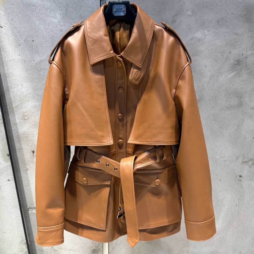 Leather Faux Women's Leather Women Real Leather Coat Brown Belted Jacket Genuine Leather Outerwear for Fall Spring C260921