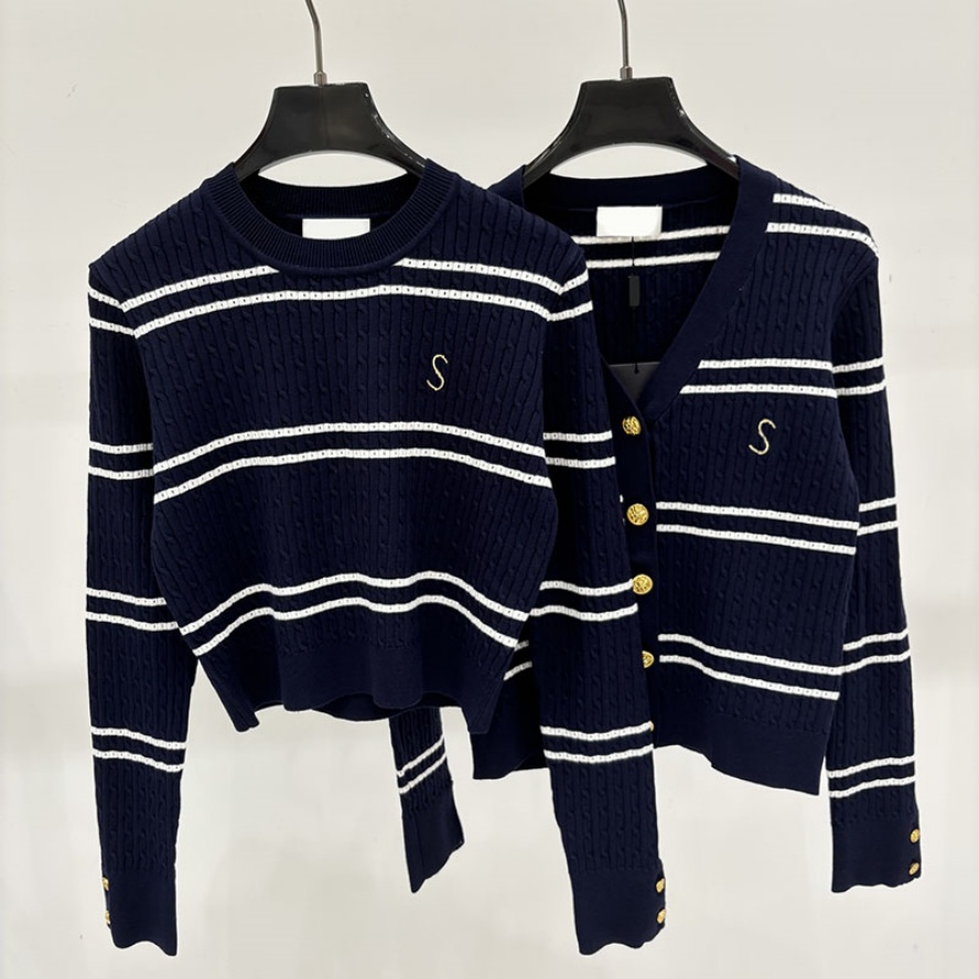 Women Classic Striped Pullover Designer Y2K Cropped Black Knit Sweater Brand Trendy College Style Slim Fit Travel Knit Cardigan