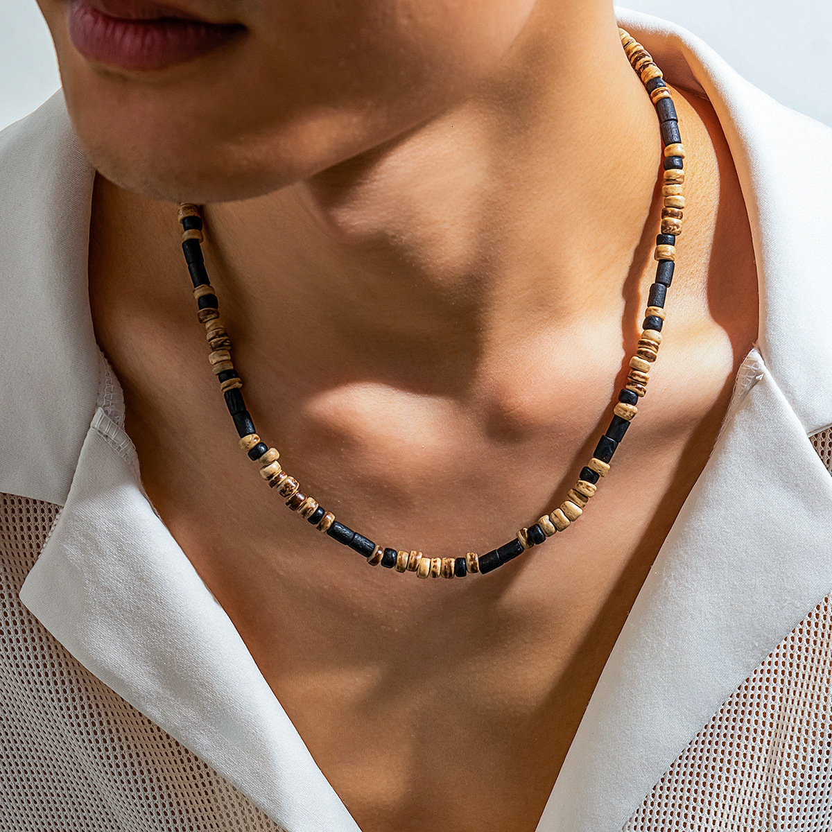 European and American Bohemian Style Coconut Shell Wooden Bead Necklace Hip Hop Personality Trendy Fashion Surfer Collarbone Chain for Men