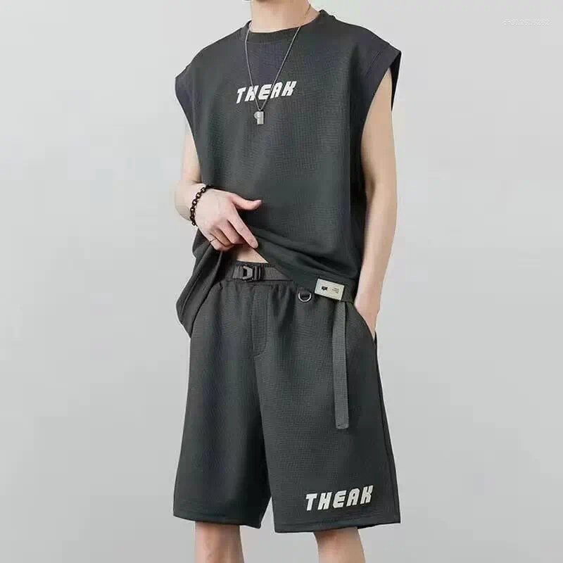 M-5XL Men's Sports Vest Suit High Street Fashion Youth Shorts 2 Piece Set Men Trendy Neck Top Designer Clothes