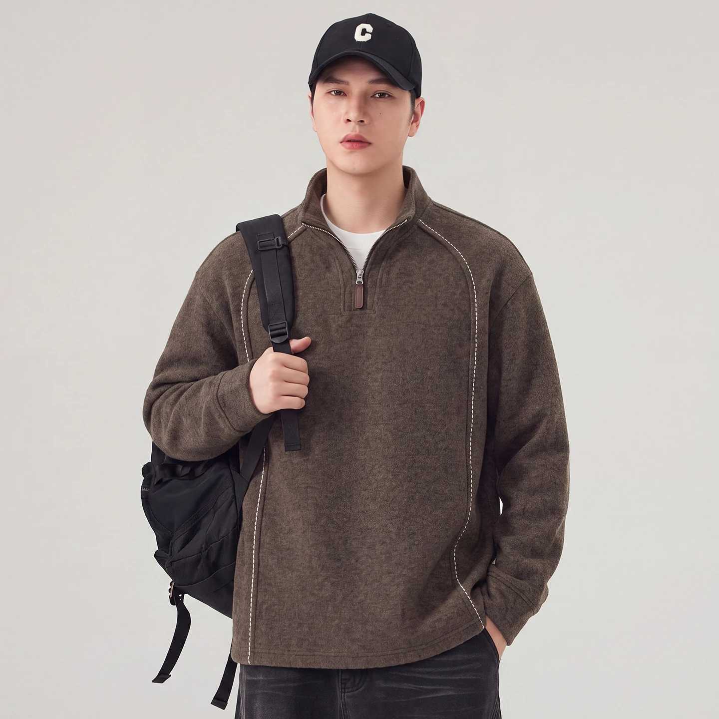 Men's Hoodies Sweatshirts Stand Collar Half Zipper Pullover Sweatshirt Men Sewing Fashion Vintage Loose Casual Spring Autumn Knitted Sweatshirt