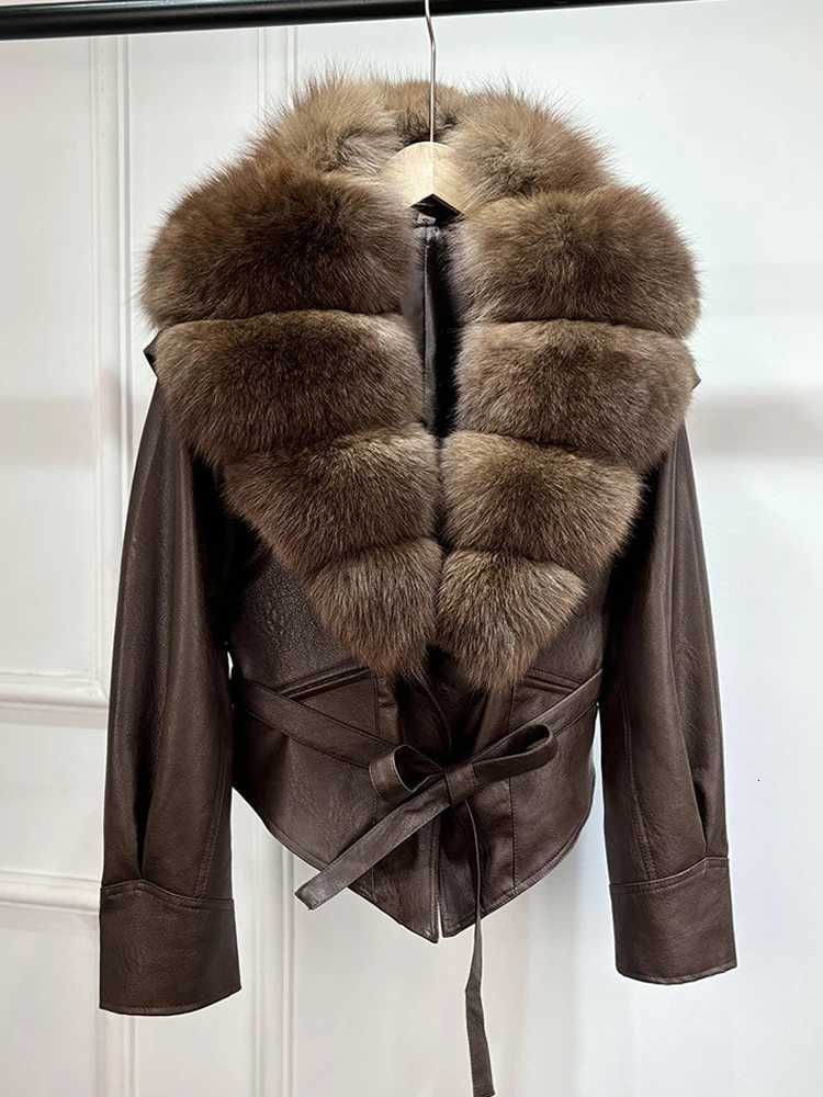 Huge Big Janveny Natural Fox Fur 2025 New Autumen Winter Pu Faux Leather Jacket Women Casual Female Lapel Zipper Motorcycle Coat C260921
