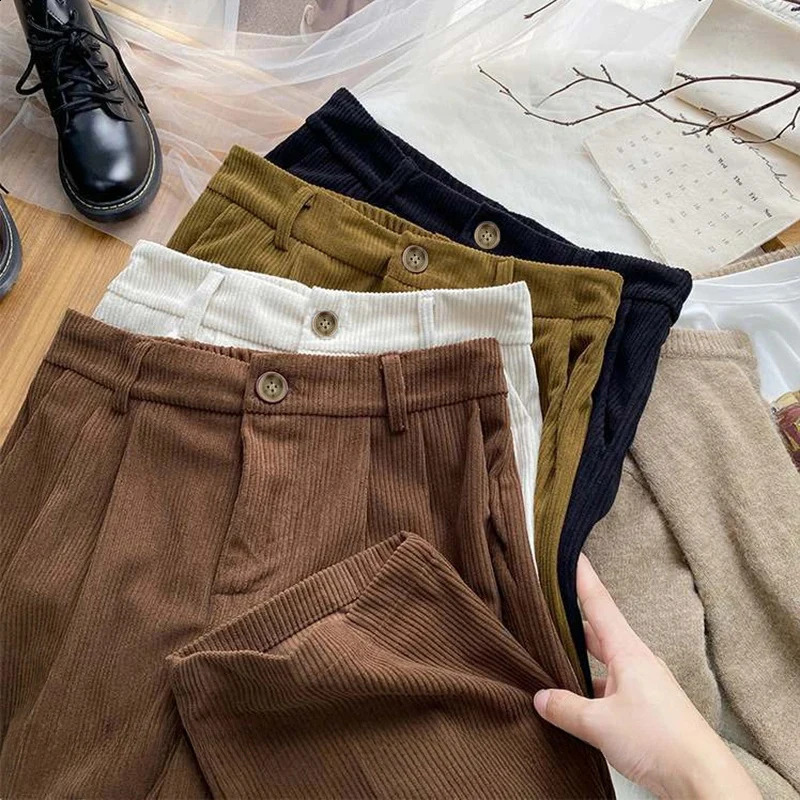 Pantaloni da donna vintage in velluto a coste a vita alta pantaloni a gamba larga caffè autunno casual pantaloni dritti da ufficio coreani tinta uni