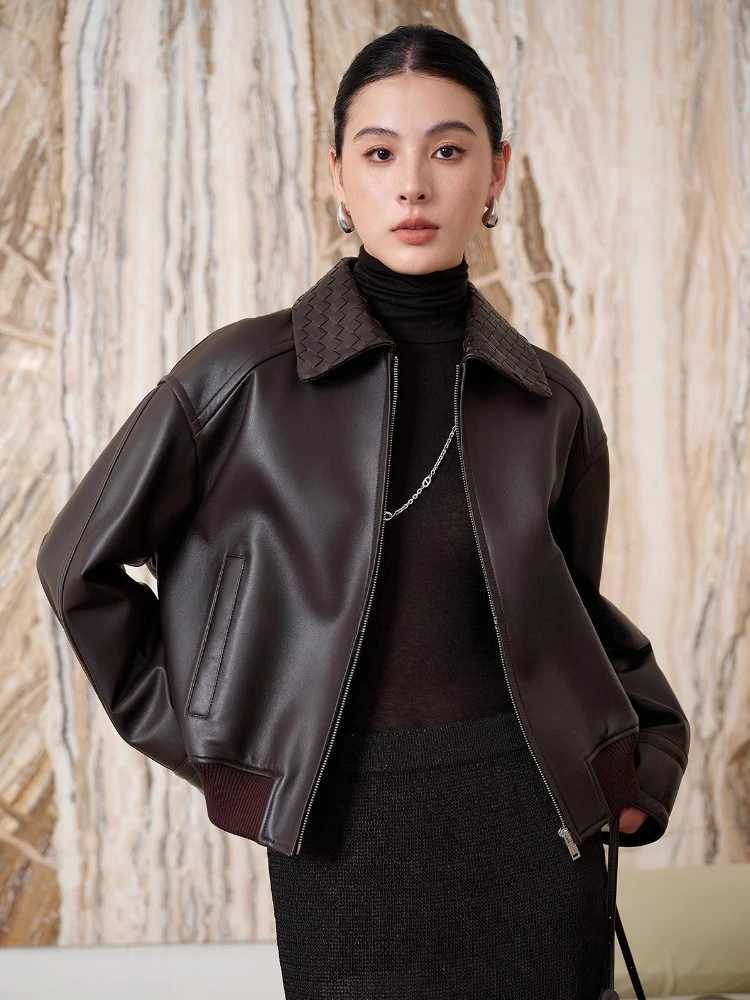 Genuine Casual Short Leather Jacket Women Spring Autumn High-end Simple Woven Lapel Design Solid Soft Real Sheepskin Bomber Coat C260921