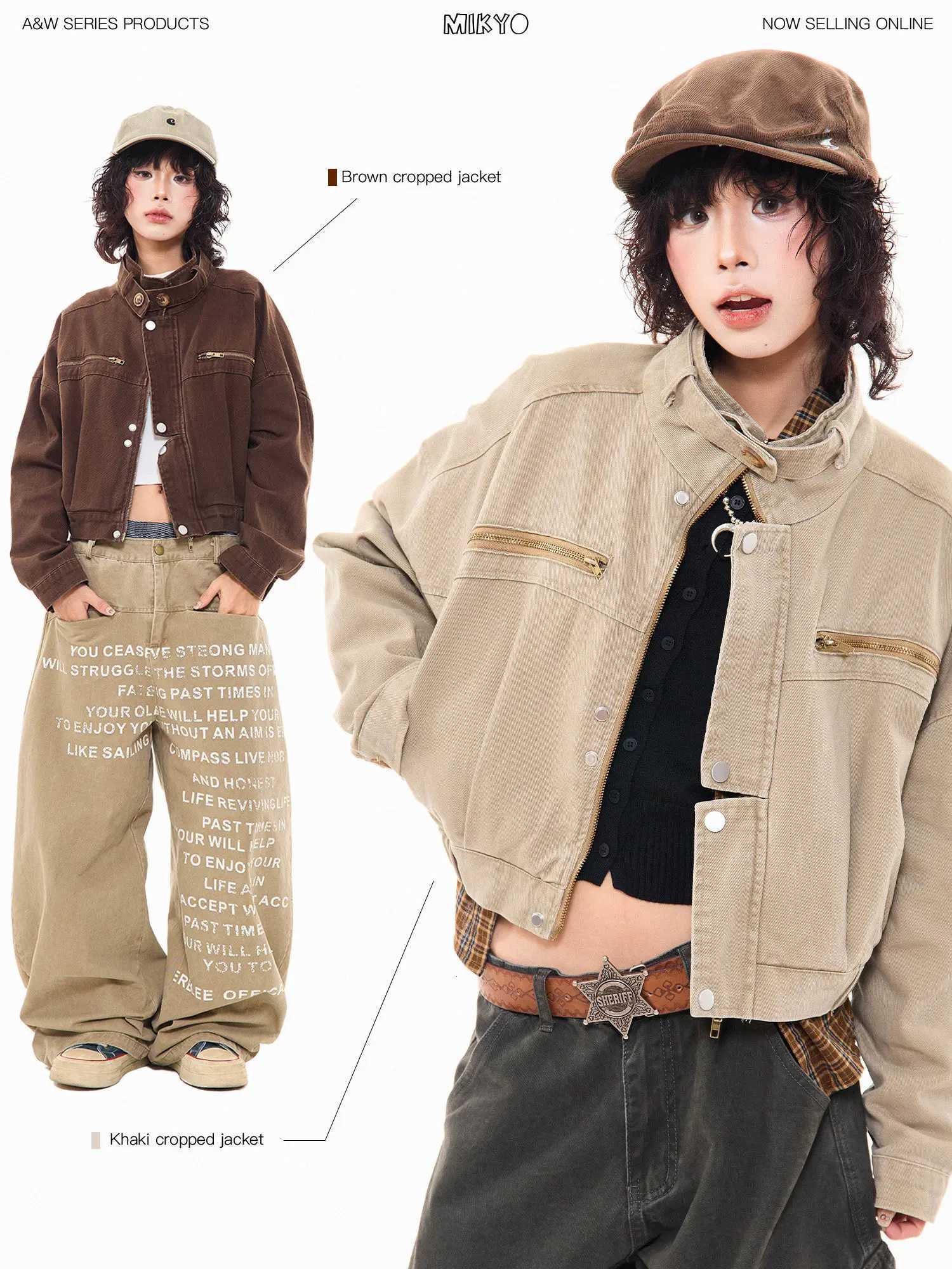 Women's Jackets Women's Brown Cargo Jacket Vintage Harajuku Korean Style Lapel Outerwear Loose Long Sleeve Cropped Jacket for Women Autumn