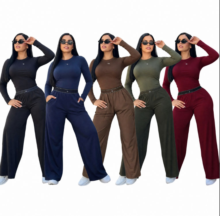 Spring Autumn womens Long Sleeve Tracksuits Elastic Slimming Round Neck Top High Waist Wide Leg Pants Two Piece Set New Women Outfit Sports suit