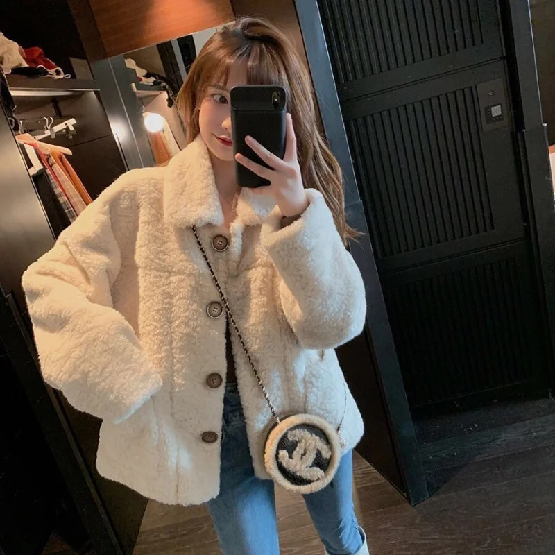 Women Autumn Winter Lamb Wool Faux Fur Thick Plush Warm Cardigan Button Overcoat Solid Loose Long-sleeved Casual Top Outerwear 260920