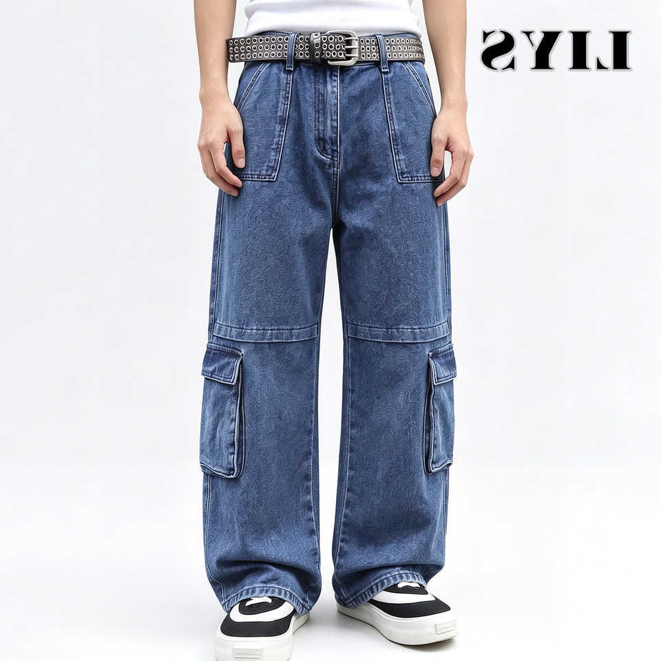 Jeans LIYS Men's Men's Blue Retro Washed Baggy Cargo Jeans Summer Male Multi Pocket Straight Tube Work Clothes Winter Denim Pants Clothes
