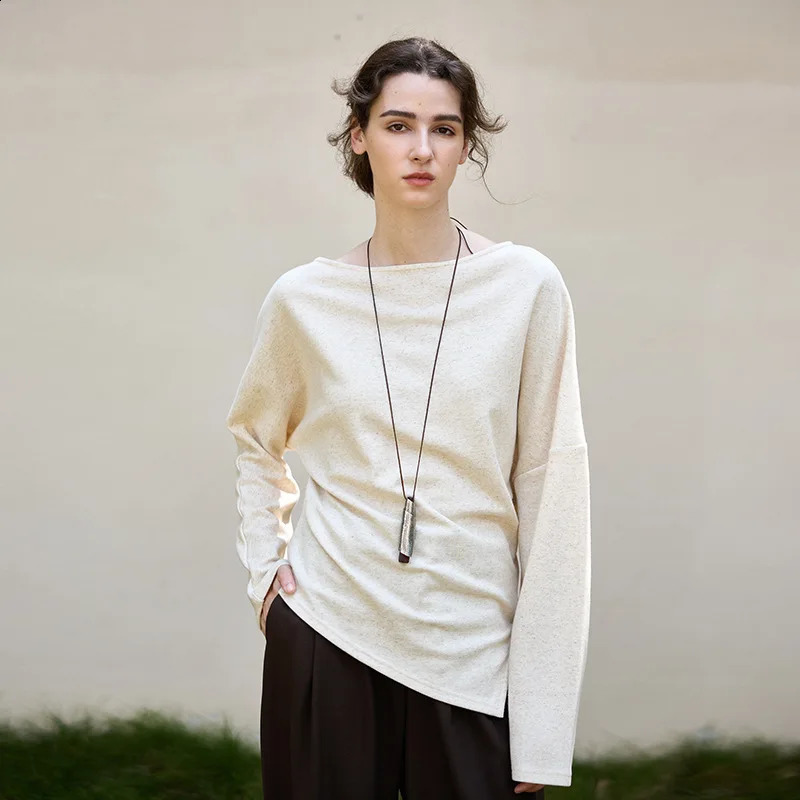 Retro Cotton Linen T-shirt Women Knitted One-shoulder Long Sleeve Asymmetrical Side Slits Autumn Winter Casual Fashion Soft Tops 260921