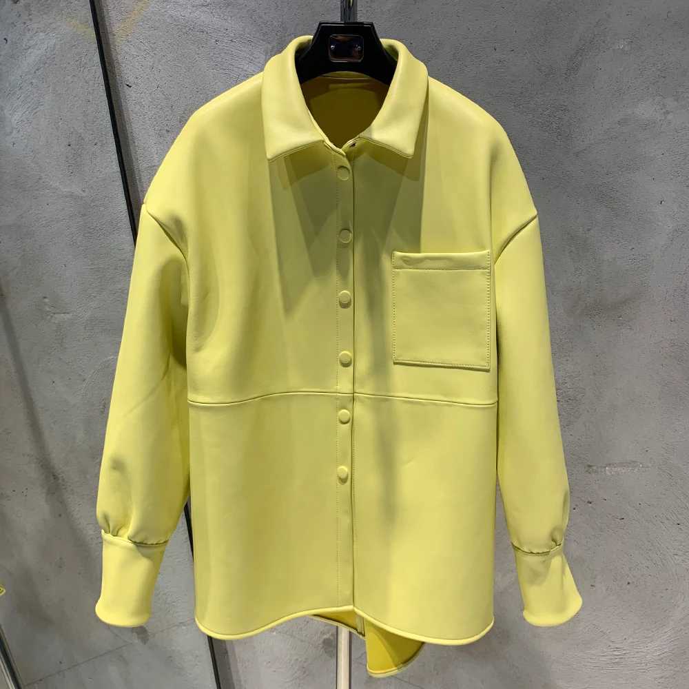 Sheepskin Women Soft Shirt Jacket Single-breasted Leather Jacket Daily Loose Shirt For Office Lady C260921