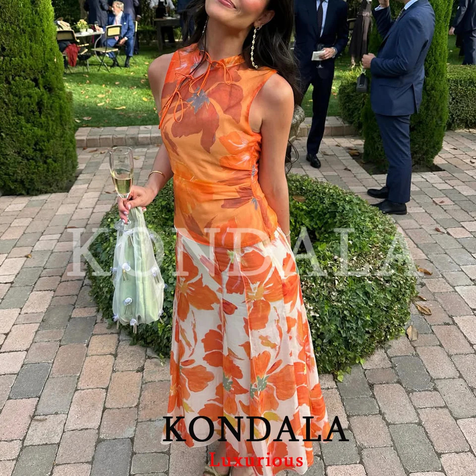 KONDALA Boho Holiday Flower Print Women Suits Chinese Style Sleeveless Blouse Long Loose Skirts Fashion 2026 Summer Party Sets 260921