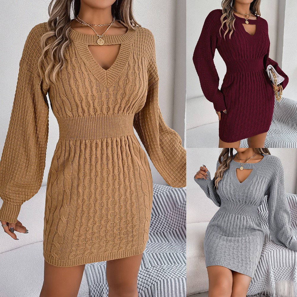 Robe pull torsadée à manches lanterne creuses, couleur unie, couvrant les hanches, automne et hiver (117)