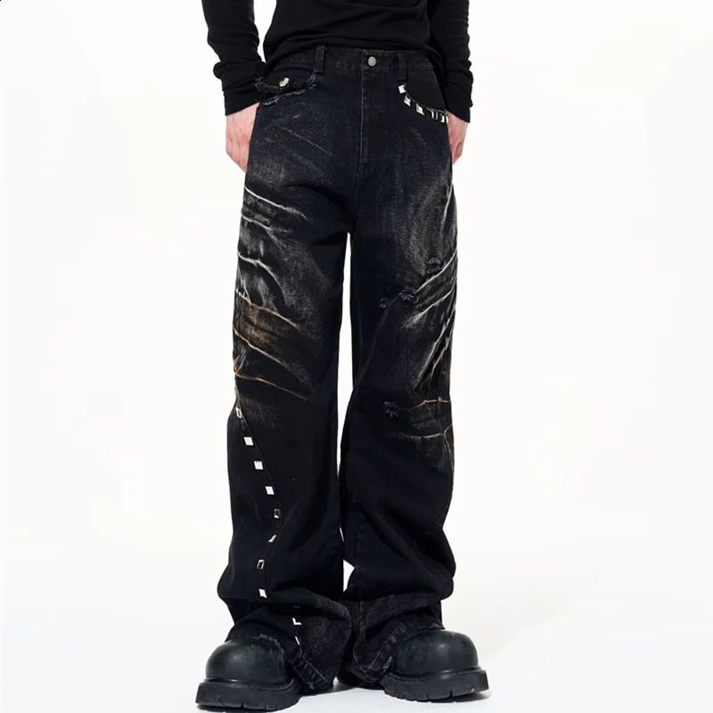 Men's Retro Rivet n Moustache Baggy Denim Pants Y2K Streetwear Distressed Black Jean Casual Straight Wide-leg Jeans 260921
