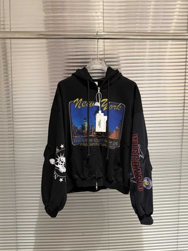 Men's Hoodies Sweatshirts 26ss New American Style Vintage Distressed Washed Patchwork NYC New York Night Print Zipper Hoodie Jacket Coat J26092