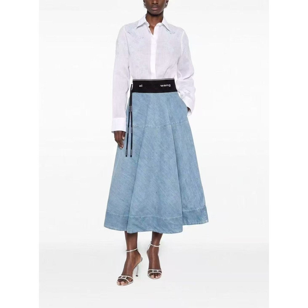 Designer Womens Denim Skirt High Waisted Letter Graphic Waistband Washed A Line Midi Skirts Y2K Casual Streetwear