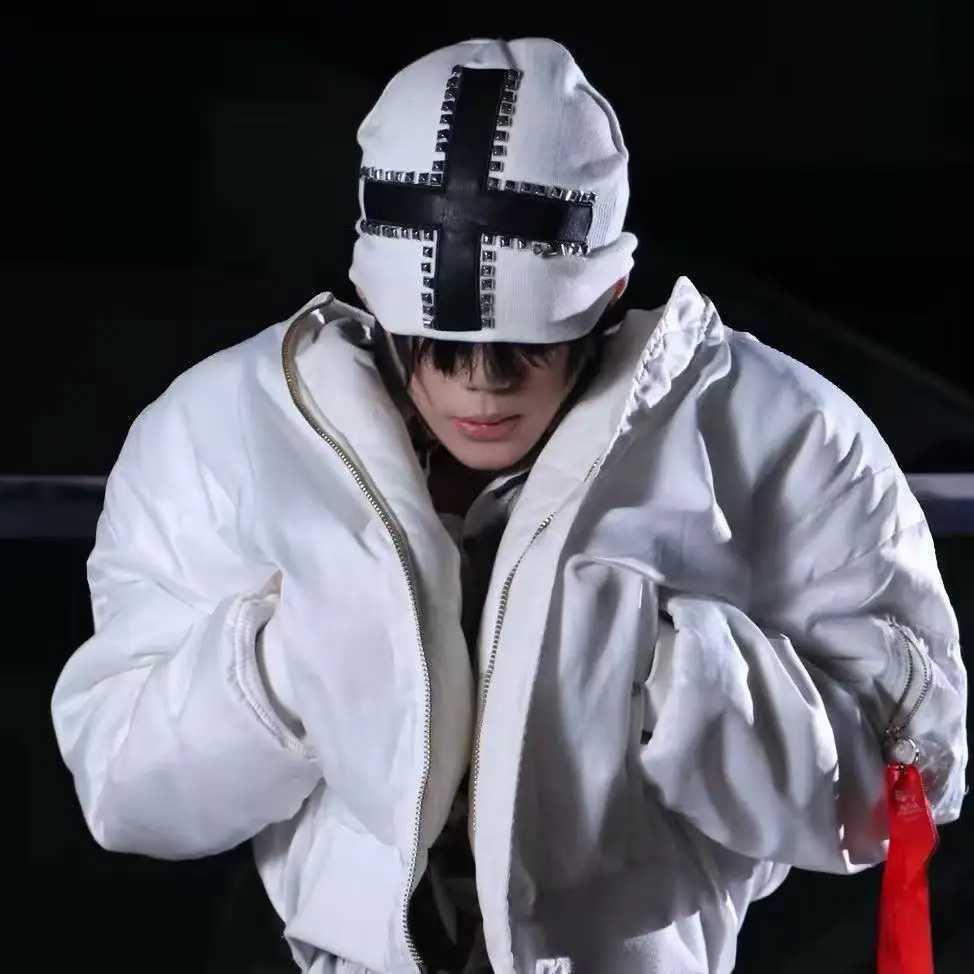 Men Beanie Skull Cap White Knit Women Black Cross Patch Rivet Stretch Y2K Gothic Punk Alt Aesthetic Streetwear Winter Warm Hat M260921