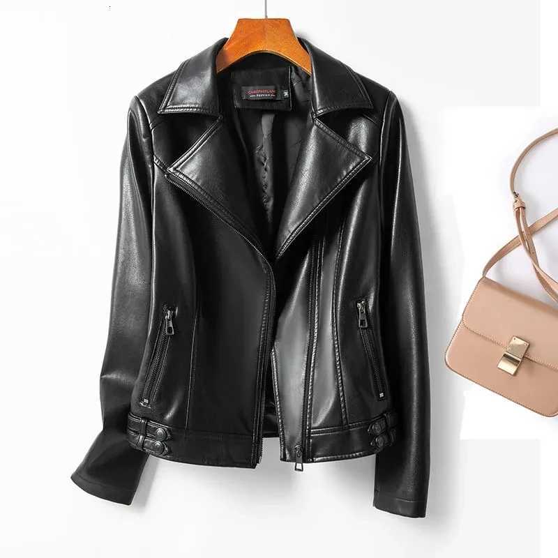 Black M-5XL Fashion Sheepskin Jackets Women Lapel Collar Full Sleeve Leather Coats Casual Zipper Short Moto Biker Jackets 2024 C260921