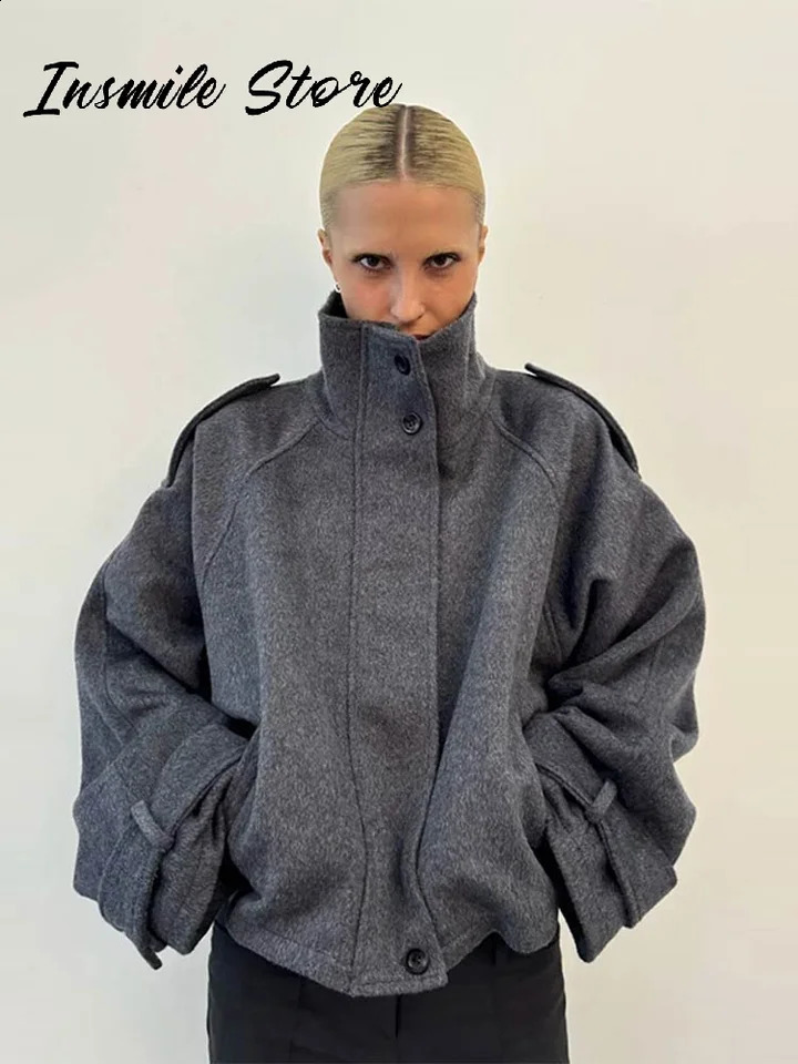 Chic Stand Collar Short Woolen Coats Women Solid Zipper Single Breasted Pocket Jacket 2026 Autumn Lady Outwear Autumn Winter 260921
