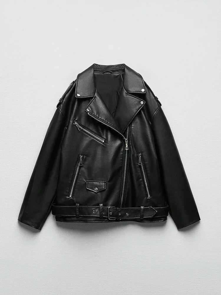 Loose Motorcycle Women Biker Black Pu Faux Leather Jacket with Belt Spring Autumn Female Zipper Coat Outwear C260921
