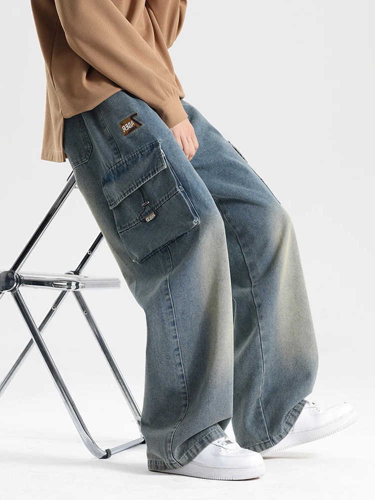 Jeans Autunno Uomo Nuovi Jeans cargo da uomo Tasca grande String Banding Pantaloni larghi in denim con coulisse Pantaloni Jean casual dritti T260922